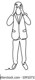 Tense man in suit grabbing his head being stressed and thinking about solution of problem. Business concept illustration. Continuous line drawing. Isolated on the white background. Vector illustration