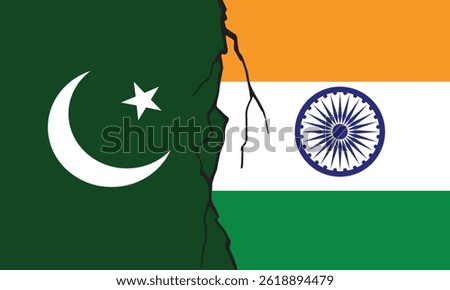 Tense Relations between pakistan and india.India and Pakistan flag on cracked wall .Now both countries have economic tariff trade war and patriotic conflict.