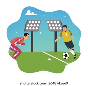Um jogo de futebol tenso. O jogador de futebol chuta a bola em direção ao gol, o goleiro tenta frustrar o chute do adversário.