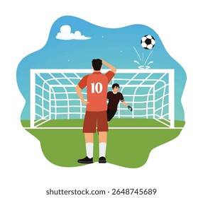 Uma partida de futebol tensa. Um jogador de futebol chuta a bola em direção ao gol, mas perde e falha.