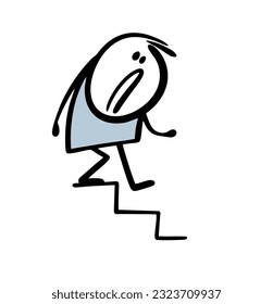 El tenso pegatino desciende cuidadosamente por las escaleras. Imagen vectorial de un hombre de caricatura temeroso de caer. Carácter de figura de palo dibujado a mano aislado en fondo blanco.
