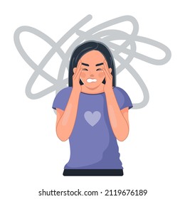 A tense, tired woman with chaos in her head. Emotional burnout, neurosis, stress, overwork, fatigue, anxiety, exhaustion. The concept of mental health preservation. Vector illustration