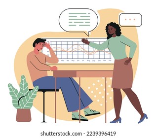 Tense and toxic environment in office. Young female boss yells at employee and accuses him of mistake. Misunderstanding, conflict and disagreement between colleagues. Cartoon flat vector illustration