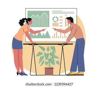 Tense and toxic environment in office. Young employees analyze data, argue, swear and quarrel. Man and woman disagree with each other. Misunderstanding and conflict. Cartoon flat vector illustration