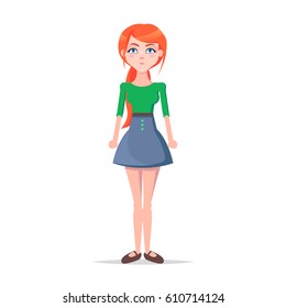 Tense young woman illustration. Beautiful redhead girl in blouse and skirt with serious face expression and clenched fists standing straight isolated flat vector. Emotional female cartoon character