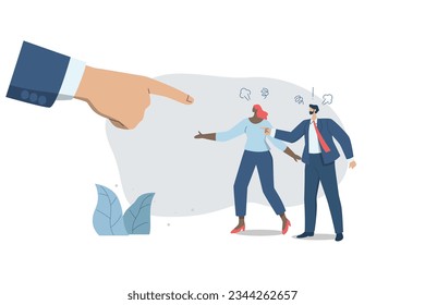 Tensed argument of angry employees. different thought, disagreement or opposite way, Conflict between colleagues and big hand, Vector design illustration.