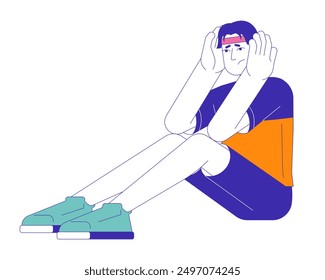 Tensed asian young man with panic attack 2D cartoon character. Frustrated korean guy isolated flat vector person white background. Worried eyes male student sitting color spot illustration