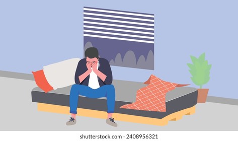 Tensed and Depressed person sitting on bed covering mouth with hands. A Sleepless man awake in bed try to fall asleep anxious thinking. Tired and exhausted male suffer from insomnia sleeping disorder