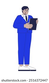 Tensed anfitrión de programa de televisión masculino que sostiene el personaje de dibujos animados 2D de Portapapeles. Vector plano de la persona aislada del traje árabe del hombre de las gafas en el fondo blanco. Empresario gerente corporativo. Ilustración de punto colorido