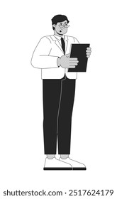 Tensed male tv show host holding clipboard black and white 2D line character. Eyeglasses arab man suit isolated vector outline person. Businessman corporate manager. Monochromatic spot illustration