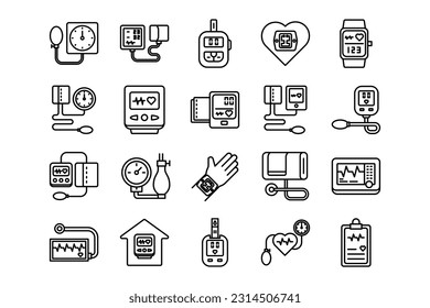 Tensiometer lines icon set. Tensiometer genres and attributes. Linear design. Lines with editable stroke. Isolated vector icons.