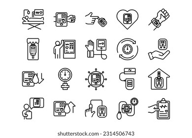 Tensiometer lines icon set. Tensiometer genres and attributes. Linear design. Lines with editable stroke. Isolated vector icons.