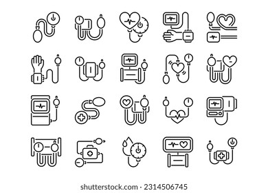 Tensiometer lines icon set. Tensiometer genres and attributes. Linear design. Lines with editable stroke. Isolated vector icons.