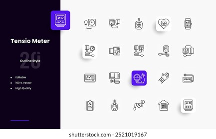 Tensiometer lines icon set. Tensiometer genres and attributes. Linear design. Lines with editable stroke. Isolated vector icons.