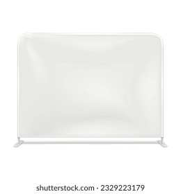 Tension fabric display on metal frame realistic vector mockup. White blank floor banner stand mock-up