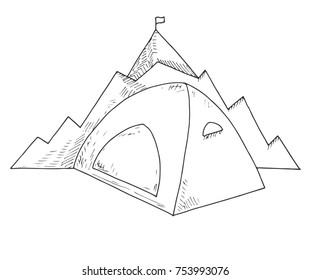 Tent against the background of mountains. Navigation sign. Emblem, logo mountain camping. Hand drawn vector illustration of a sketch style.