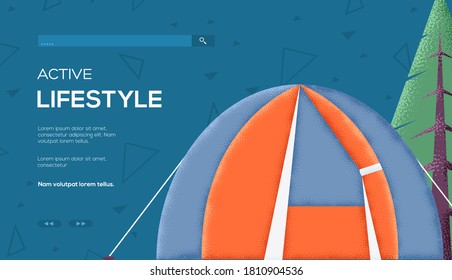 Ort für Text, Ort für Kopieren. Zelt Konzept Flyer, Web-Banner, ui Header, geben Sie Seite. Moderne Slider-Seite mit Layout-Darstellung. Körnerstruktur und Rauscheffekt.