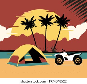 Tent and ATV on background of abstract tropical landscape. Vector flat style illustration.
