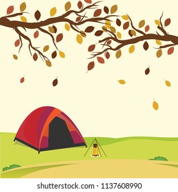 Tent in the autumn forest, camping equipment vector illustration. 