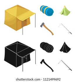 Tent with awning, ax and other accessories.Tent set collection icons in cartoon,black style vector symbol stock illustration web.
