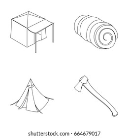 Tent with awning, ax and other accessories.Tent set collection icons in outline style vector symbol stock illustration web.