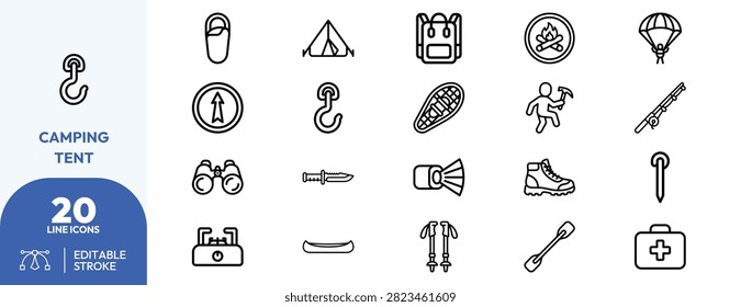 Tent, backpack, hiking boots, compass, lantern, sleeping bag, fire pit, binoculars, knife, aid kit, parachute, water bottle, sandals, hiking poles, and and flashlight for wilderness and exploration applications.