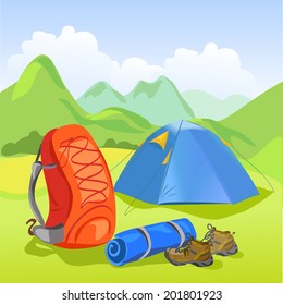 tent, backpack, mountain landscape. vector illustration