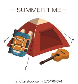Tent, big travel backpack and guitar in clearing. Summer illustration about hiking and camping. Nature and eco tourism. Isolated object on white background. Cartoon style. vector isometric 3D icon