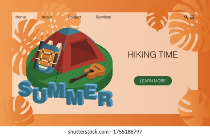 Tent, big travel backpack and guitar in clearing. Summer illustration about hiking and camping. Nature and eco tourism. Vacation concept. Isometric vector. Concept of touristic website, landing page