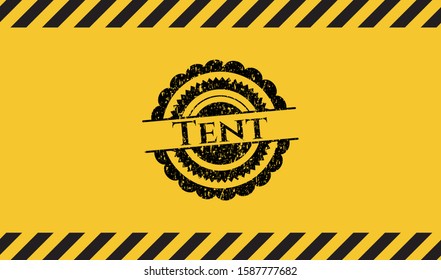 Tent black grunge emblem inside yellow warning sign. Vector Illustration. Detailed.