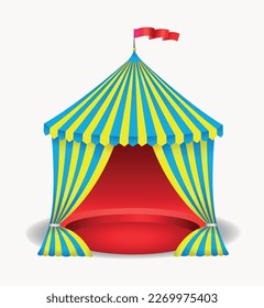 Сircus tent in blue-yellow stripes on a white background. Vector art illustration