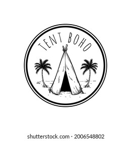 Tent Boho Shabby Chic With Plam Tree Drawing Logo Vector Illustration Template Icon Design