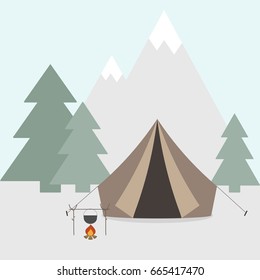 Tent and bonfire against the backdrop of the mountains