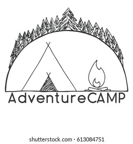 Tent and bonfire against the trees. Emblem, logo camping. Hand drawn vector illustration of a sketch style.