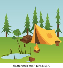 Tent with bonfire on  forest background  concept camping with wild nature. Vector illustration.