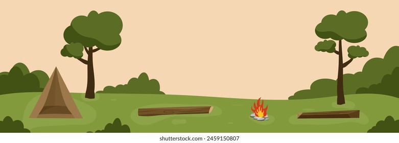 Tent with bonfire on forest background. Camping concept with the wild outside. Summer trip. vector illustration