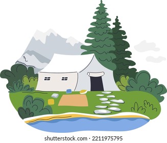 Tent by lake or river, isolated rest by nature. Camping site with mountain ranges and pine forest. Eco vacation and resort in village. Trekking and going for walk on hills. Vector in flat style