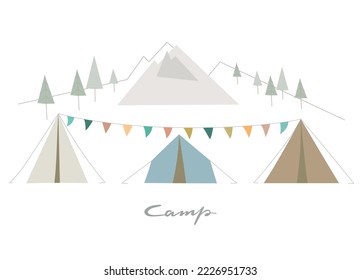 Tent camp banner. Vector simple illustration with mountain, forest background.