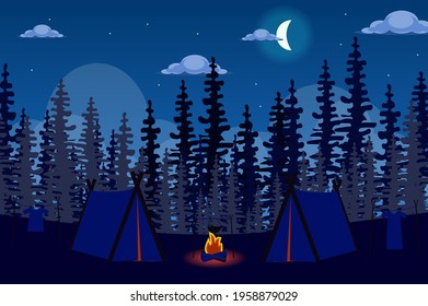 Tent camp and bonfire in forest at night landscape background in flat style. Camping vacation, overnight outdoor travel, hiking tourism outdoors. Nature scenery. Vector illustration of web banner