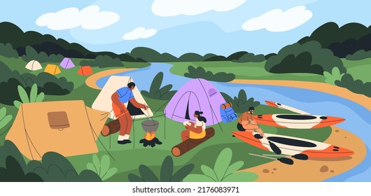 Tent camp with campers cooking food with bonfire at river bank. People resting in nature outdoors. Summer landscape with tourists at campsite, campground on vacations. Flat vector illustration