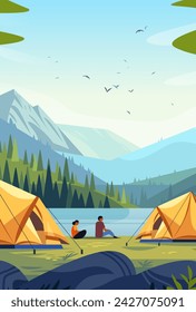 tent camp with campers sitting at river bank tourists couple resting outdoors summer landscape with people at campsite vertical svg