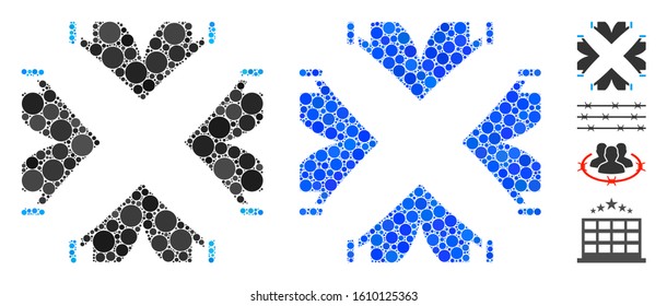 Tent camp composition of filled circles in different sizes and shades, based on tent camp icon. Vector random circles are composed into blue composition.
