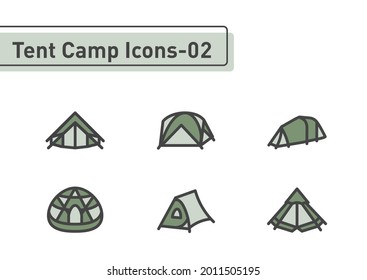 Tent camp flat line icon set isolated on white background ep02