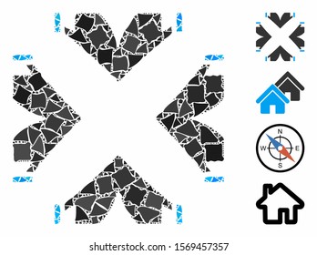 Tent camp icon composition of joggly items in variable sizes and color hues, based on tent camp icon. Vector inequal pieces are grouped into collage. Tent camp icons collage with dotted pattern.