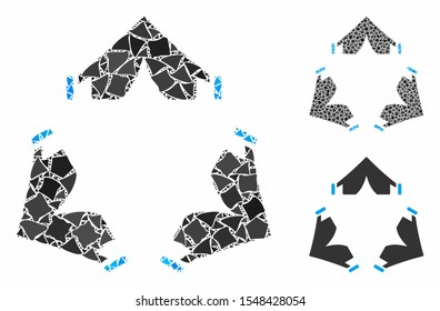 Tent camp mosaic of uneven pieces in different sizes and color tinges, based on tent camp icon. Vector tremulant pieces are combined into collage. Tent camp icons collage with dotted pattern.