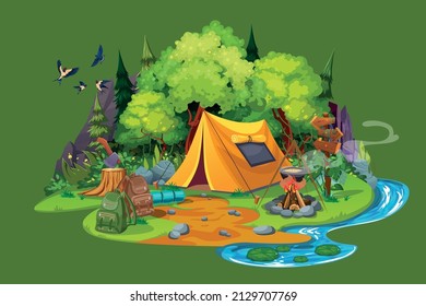 Tent camp near the river and mountains. Summer landscape. vector illustration Cartoon tourist camp with picnic area and tent among forest, mountain landscape.