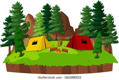 Tent camp in the park on white background illustration