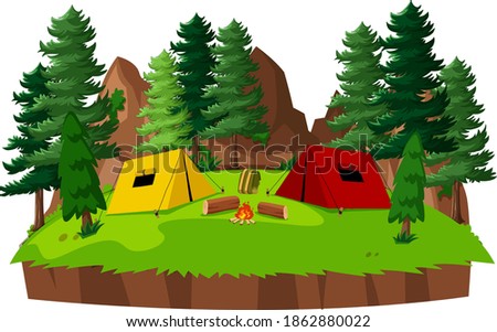 Tent camp in the park on white background illustration