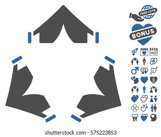 Tent Camp pictograph with bonus dating images. Vector illustration style is flat rounded iconic cobalt and gray symbols on white background.