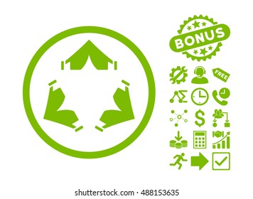 Tent Camp pictograph with bonus elements. Vector illustration style is flat iconic symbols, eco green color, white background.
